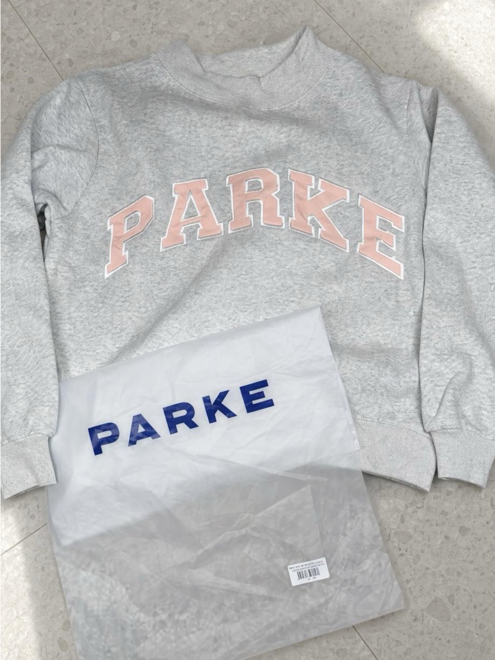 Parker Light Gray Crewneck Sweatshirt with Pale Pink Logo